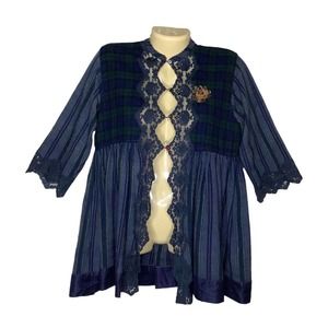 Pero Top Womens 36 Blue Green Wool Tunic Cardigan Plaid Stripe Lace Beaded Trim